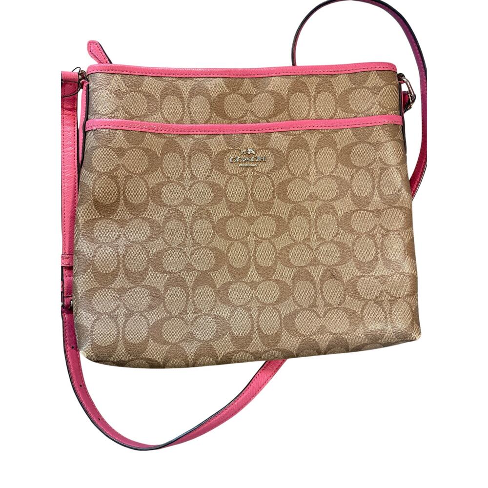 Coach Signature File Bag Crossbody Khaki with Pink Leather Trim